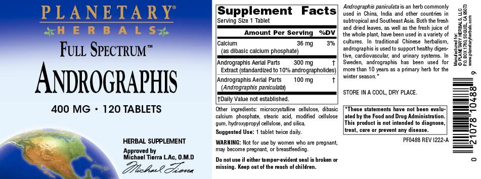 Planetary Herbals Full Spectrum Andrographis 400mg – 120 Tabletten – Ayurvedisches Kraut zur Unterstützung von Verdauung, Herz-Kreislauf- und Harnwegen sowie Leber- und Immunfunktion