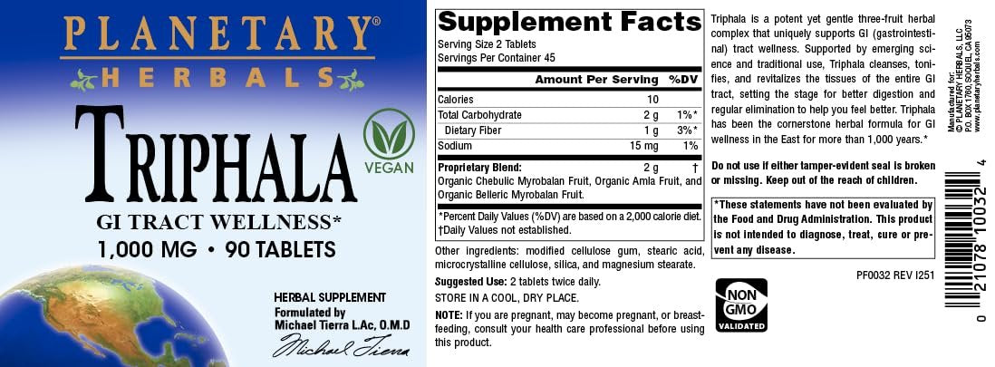 Planetary Herbals Triphala 1000 mg – 90 Tabletten – Traditionelle ayurvedische Kräutermischung