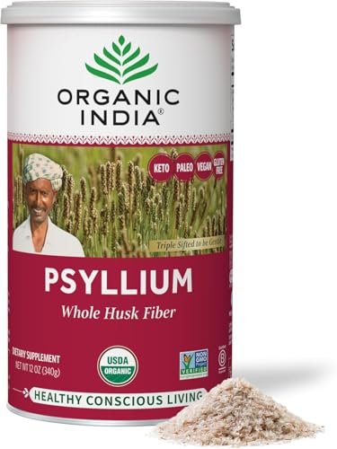 ORGANIC INDIA Flohsamenschalenpulver - Ganze Schalenfaser, Vegan, Glutenfrei, USDA Bio-zertifiziert, Nicht-GVO, Lösliche & Unlösliche Ballaststoffquelle - 340 g Dose (1er-Pack)