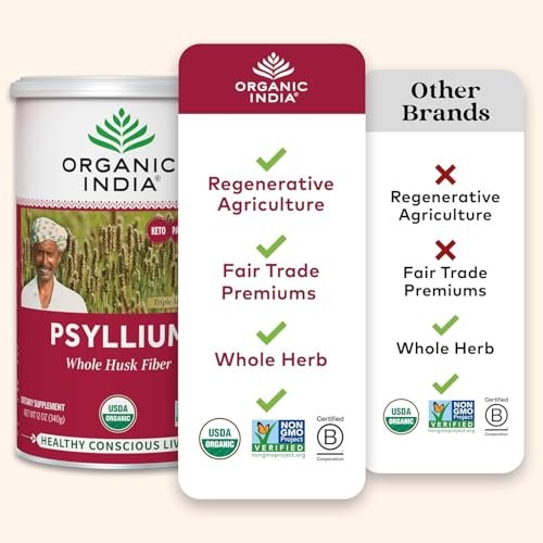 ORGANIC INDIA Flohsamenschalenpulver - Ganze Schalenfaser, Vegan, Glutenfrei, USDA Bio-zertifiziert, Nicht-GVO, Lösliche & Unlösliche Ballaststoffquelle - 340 g Dose (1er-Pack)