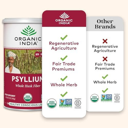 ORGANIC INDIA Flohsamenschalenpulver - Ganze Schalenfaser, Vegan, Glutenfrei, USDA Bio-zertifiziert, Nicht-GVO, Lösliche & Unlösliche Ballaststoffquelle - 340 g Dose (1er-Pack)