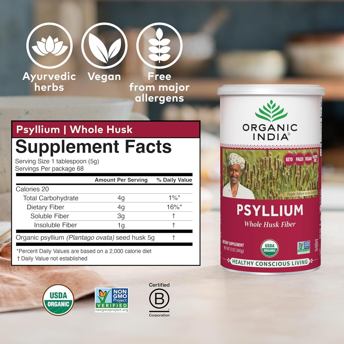 ORGANIC INDIA Flohsamenschalenpulver - Ganze Schalenfaser, Vegan, Glutenfrei, USDA Bio-zertifiziert, Nicht-GVO, Lösliche & Unlösliche Ballaststoffquelle - 340 g Dose (1er-Pack)