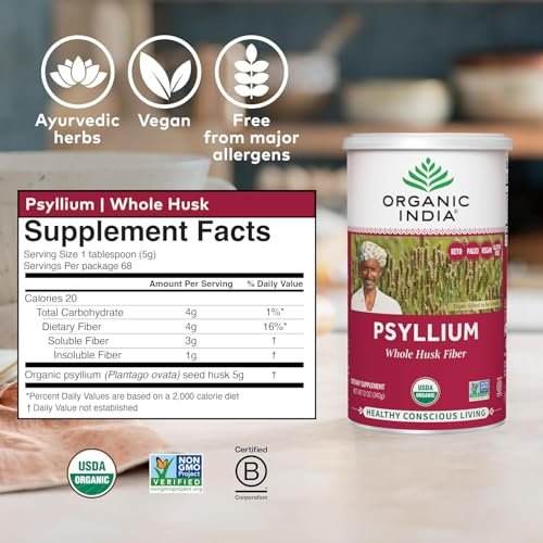 ORGANIC INDIA Flohsamenschalenpulver - Ganze Schalenfaser, Vegan, Glutenfrei, USDA Bio-zertifiziert, Nicht-GVO, Lösliche & Unlösliche Ballaststoffquelle - 340 g Dose (1er-Pack)