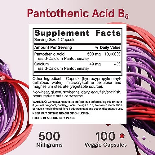 Jarrow Formulas Pantothensäure B5 500 mg – Nahrungsergänzungsmittel für Nebennierenunterstützung und Zellenergie, 100 vegane Kapseln
