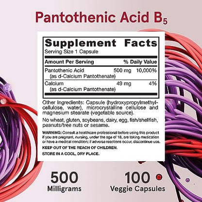 Jarrow Formulas Pantothensäure B5 500 mg – Nahrungsergänzungsmittel für Nebennierenunterstützung und Zellenergie, 100 vegane Kapseln