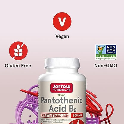 Jarrow Formulas Pantothensäure B5 500 mg – Nahrungsergänzungsmittel für Nebennierenunterstützung und Zellenergie, 100 vegane Kapseln
