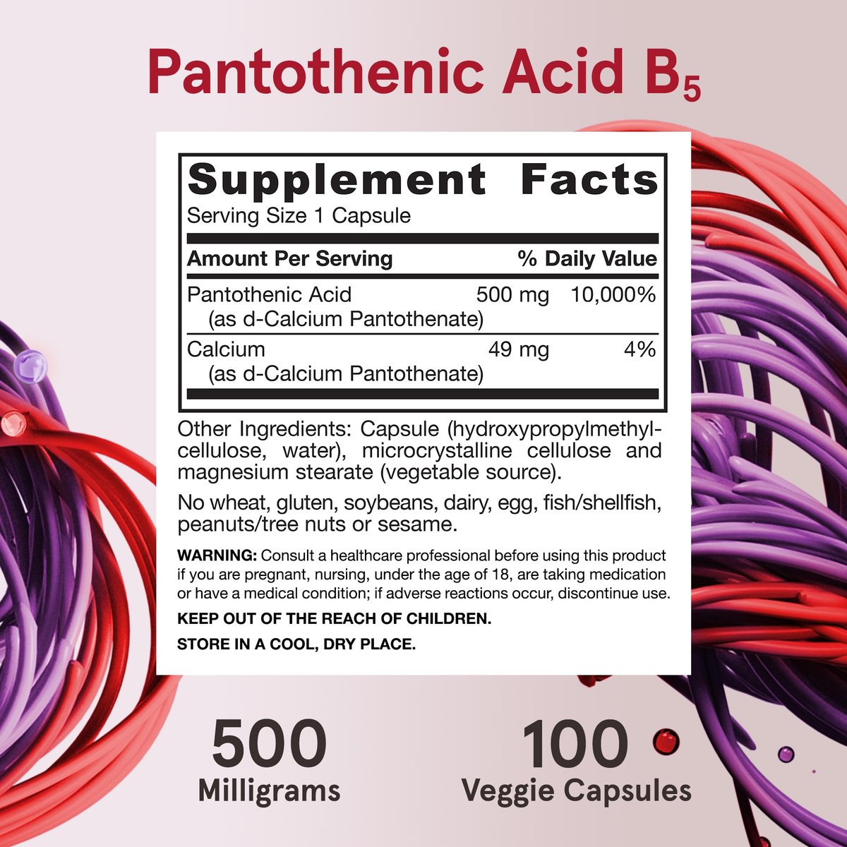 Jarrow Formulas Pantothensäure B5 500 mg – Nahrungsergänzungsmittel für Nebennierenunterstützung und Zellenergie, 100 vegane Kapseln
