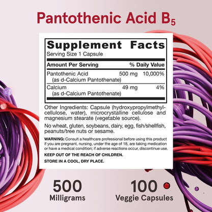 Jarrow Formulas Pantothensäure B5 500 mg – Nahrungsergänzungsmittel für Nebennierenunterstützung und Zellenergie, 100 vegane Kapseln