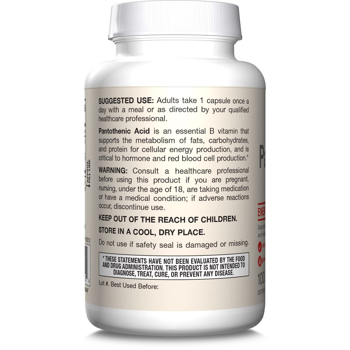 Jarrow Formulas Pantothensäure B5 500 mg – Nahrungsergänzungsmittel für Nebennierenunterstützung und Zellenergie, 100 vegane Kapseln