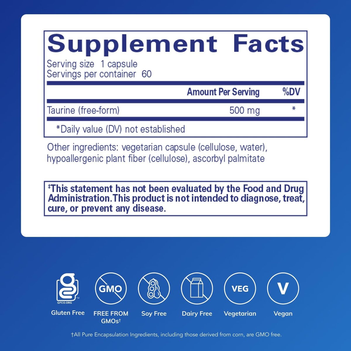 Pure Encapsulations Taurin 500 mg – Aminosäure-Supplement für Leber-, Augen-, Herz-, Gehirn- und Muskelgesundheit, Antioxidantien* | 60 Kapseln