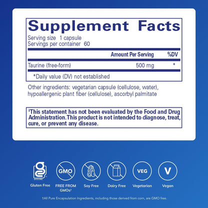 Pure Encapsulations Taurin 500 mg – Aminosäure-Supplement für Leber-, Augen-, Herz-, Gehirn- und Muskelgesundheit, Antioxidantien* | 60 Kapseln