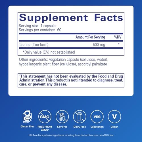 Pure Encapsulations Taurin 500 mg – Aminosäure-Supplement für Leber-, Augen-, Herz-, Gehirn- und Muskelgesundheit, Antioxidantien* | 60 Kapseln