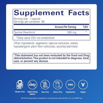 Pure Encapsulations Taurin 500 mg – Aminosäure-Supplement für Leber-, Augen-, Herz-, Gehirn- und Muskelgesundheit, Antioxidantien* | 60 Kapseln
