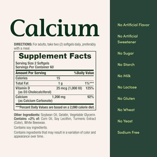 Nature's Bounty Calcium 1200 mg mit 1000 IE Vitamin D3 – Weichkapseln für die Knochengesundheit, glutenfrei, 2 Kapseln pro Tag, 120 Stück (Packung mit 1)