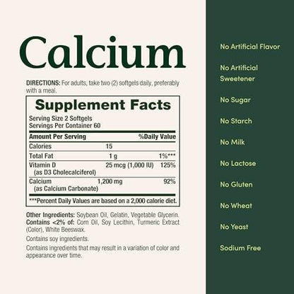 Nature's Bounty Calcium 1200 mg mit 1000 IE Vitamin D3 – Weichkapseln für die Knochengesundheit, glutenfrei, 2 Kapseln pro Tag, 120 Stück (Packung mit 1)