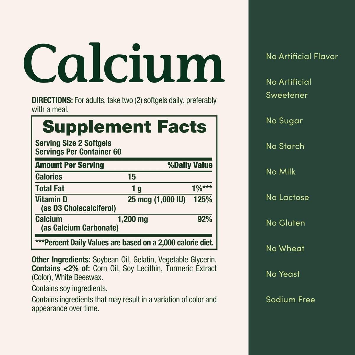 Nature's Bounty Calcium 1200 mg mit 1000 IE Vitamin D3 – Weichkapseln für die Knochengesundheit, glutenfrei, 2 Kapseln pro Tag, 120 Stück (Packung mit 1)