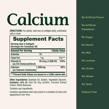 Nature's Bounty Calcium 1200 mg mit 1000 IE Vitamin D3 – Weichkapseln für die Knochengesundheit, glutenfrei, 2 Kapseln pro Tag, 120 Stück (Packung mit 1)