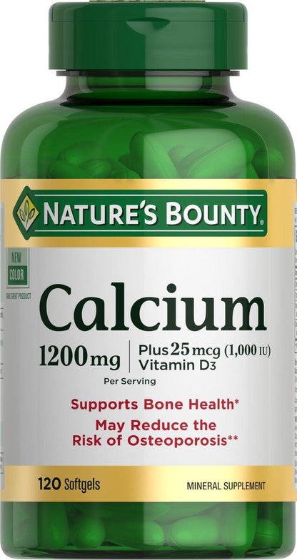 Nature's Bounty Calcium 1200 mg mit 1000 IE Vitamin D3 – Weichkapseln für die Knochengesundheit, glutenfrei, 2 Kapseln pro Tag, 120 Stück (Packung mit 1)