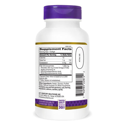 21st Century Fish Oil 1000 mg Softgels, 120 Stück - hochwertiges Omega-3 Nahrungsergänzungsmittel