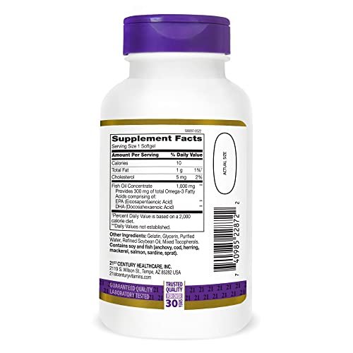 21st Century Fish Oil 1000 mg Softgels, 120 Stück - hochwertiges Omega-3 Nahrungsergänzungsmittel