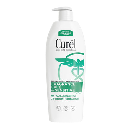 Curel Fragrance Free Comforting Body Lotion, Unscented Feuchtigkeitsspender für trockene Haut und empfindliche Haut, mit Advanced Ceramide Complex, repariert die Feuchtigkeitsbarriere, 591 ml