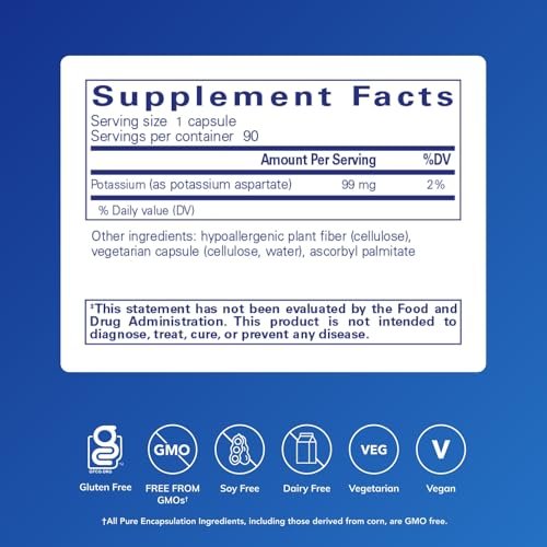 Pure Encapsulations Kalium (Aspartat) | Hypoallergenes Nahrungsergänzungsmittel zur Unterstützung von Nerven, Muskeln, Durchblutung und Herz-Kreislauf-Gesundheit | 90 Kapseln