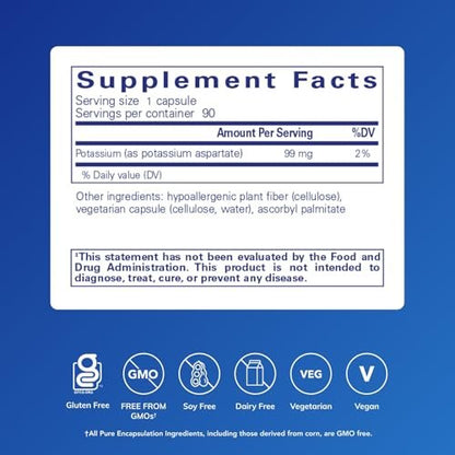 Pure Encapsulations Kalium (Aspartat) | Hypoallergenes Nahrungsergänzungsmittel zur Unterstützung von Nerven, Muskeln, Durchblutung und Herz-Kreislauf-Gesundheit | 90 Kapseln