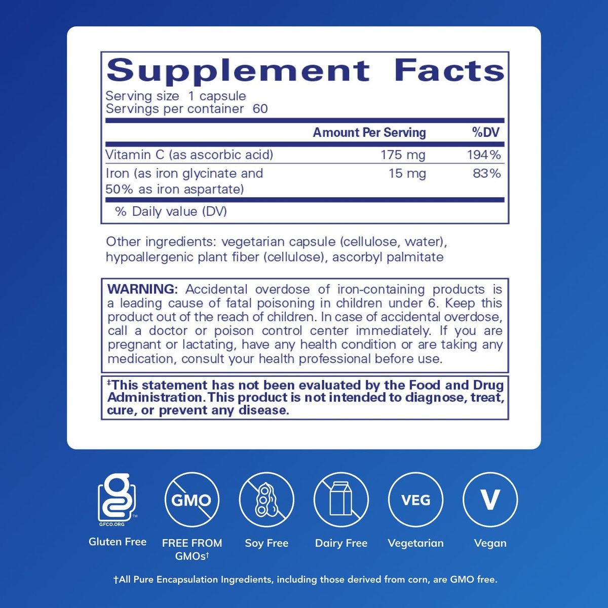 Pure Encapsulations Eisen-C - 15 mg Eisen + 175 mg Vitamin C - Unterstützt die roten Blutkörperchen* - Energieproduktion - Hoch bioverfügbares Eisen - für Frauen & Männer - glutenfrei & vegan - 60 Kapseln