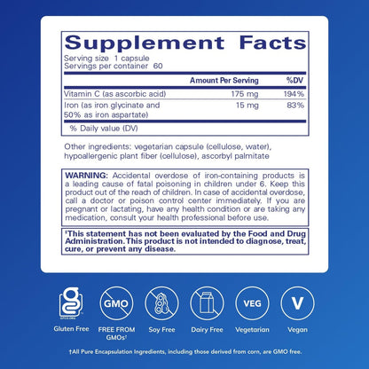 Pure Encapsulations Eisen-C - 15 mg Eisen + 175 mg Vitamin C - Unterstützt die roten Blutkörperchen* - Energieproduktion - Hoch bioverfügbares Eisen - für Frauen & Männer - glutenfrei & vegan - 60 Kapseln