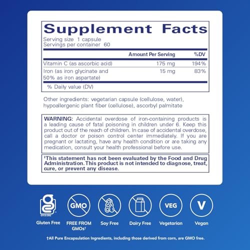 Pure Encapsulations Eisen-C - 15 mg Eisen + 175 mg Vitamin C - Unterstützt die roten Blutkörperchen* - Energieproduktion - Hoch bioverfügbares Eisen - für Frauen & Männer - glutenfrei & vegan - 60 Kapseln