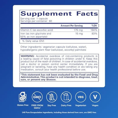 Pure Encapsulations Eisen-C - 15 mg Eisen + 175 mg Vitamin C - Unterstützt die roten Blutkörperchen* - Energieproduktion - Hoch bioverfügbares Eisen - für Frauen & Männer - glutenfrei & vegan - 60 Kapseln