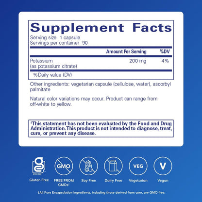 Pure Encapsulations Kalium (Citrat) – Essentielles Elektrolyt-Supplement zur Unterstützung der Nerven- und Muskelfunktion, Nebennieren, Hormone, Herzgesundheit und Energie* – 90 Kapseln