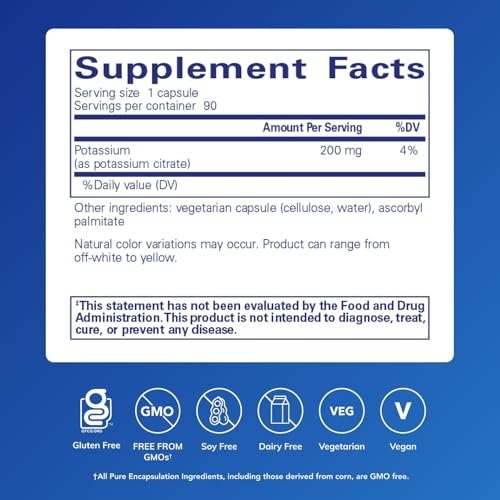 Pure Encapsulations Kalium (Citrat) – Essentielles Elektrolyt-Supplement zur Unterstützung der Nerven- und Muskelfunktion, Nebennieren, Hormone, Herzgesundheit und Energie* – 90 Kapseln
