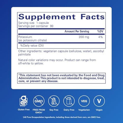 Pure Encapsulations Kalium (Citrat) – Essentielles Elektrolyt-Supplement zur Unterstützung der Nerven- und Muskelfunktion, Nebennieren, Hormone, Herzgesundheit und Energie* – 90 Kapseln