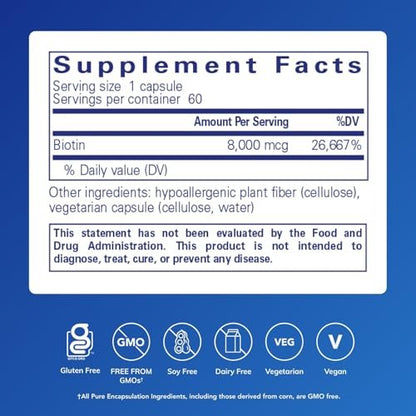 Pure Encapsulations Biotin 8 mg – B-Vitamin zur Unterstützung von Stressabbau, Haar, Haut & Nägeln, Stoffwechsel, Kohlenhydratverwertung & Nervensystem – 60 Kapseln