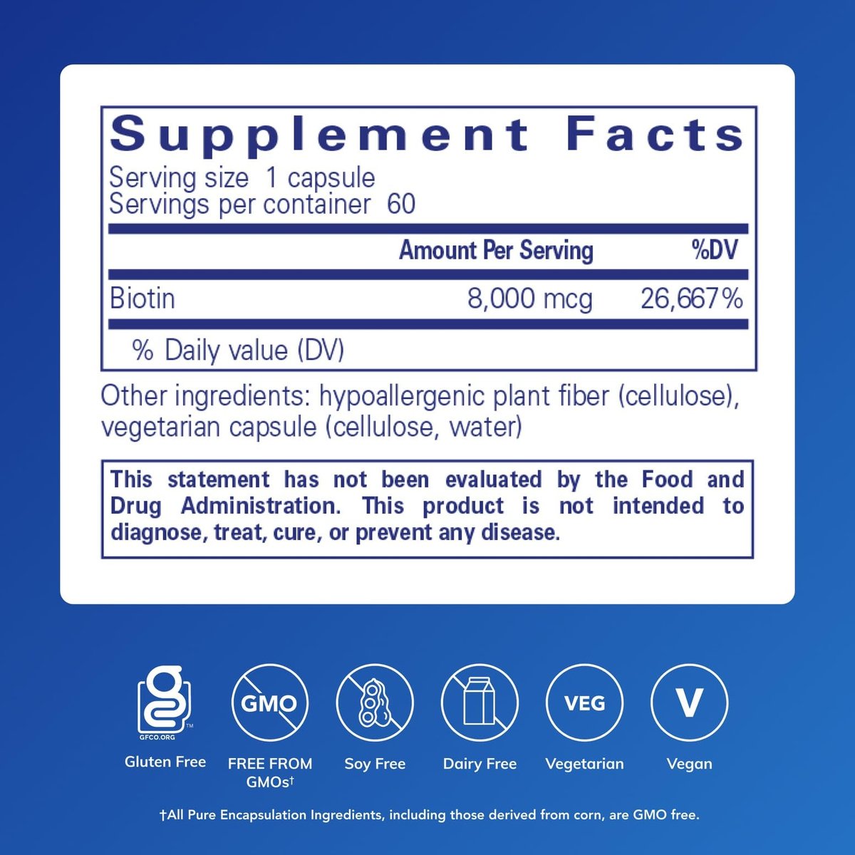 Pure Encapsulations Biotin 8 mg – B-Vitamin zur Unterstützung von Stressabbau, Haar, Haut & Nägeln, Stoffwechsel, Kohlenhydratverwertung & Nervensystem – 60 Kapseln