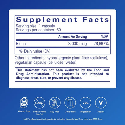Pure Encapsulations Biotin 8 mg – B-Vitamin zur Unterstützung von Stressabbau, Haar, Haut & Nägeln, Stoffwechsel, Kohlenhydratverwertung & Nervensystem – 60 Kapseln