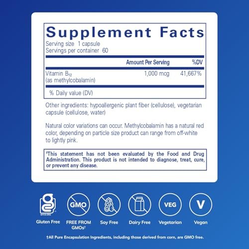 Pure Encapsulations Methylcobalamin 1.000 mcg – Vitamin B12 Kapseln zur Unterstützung von Gedächtnis und Nervengesundheit – 60 Kapseln