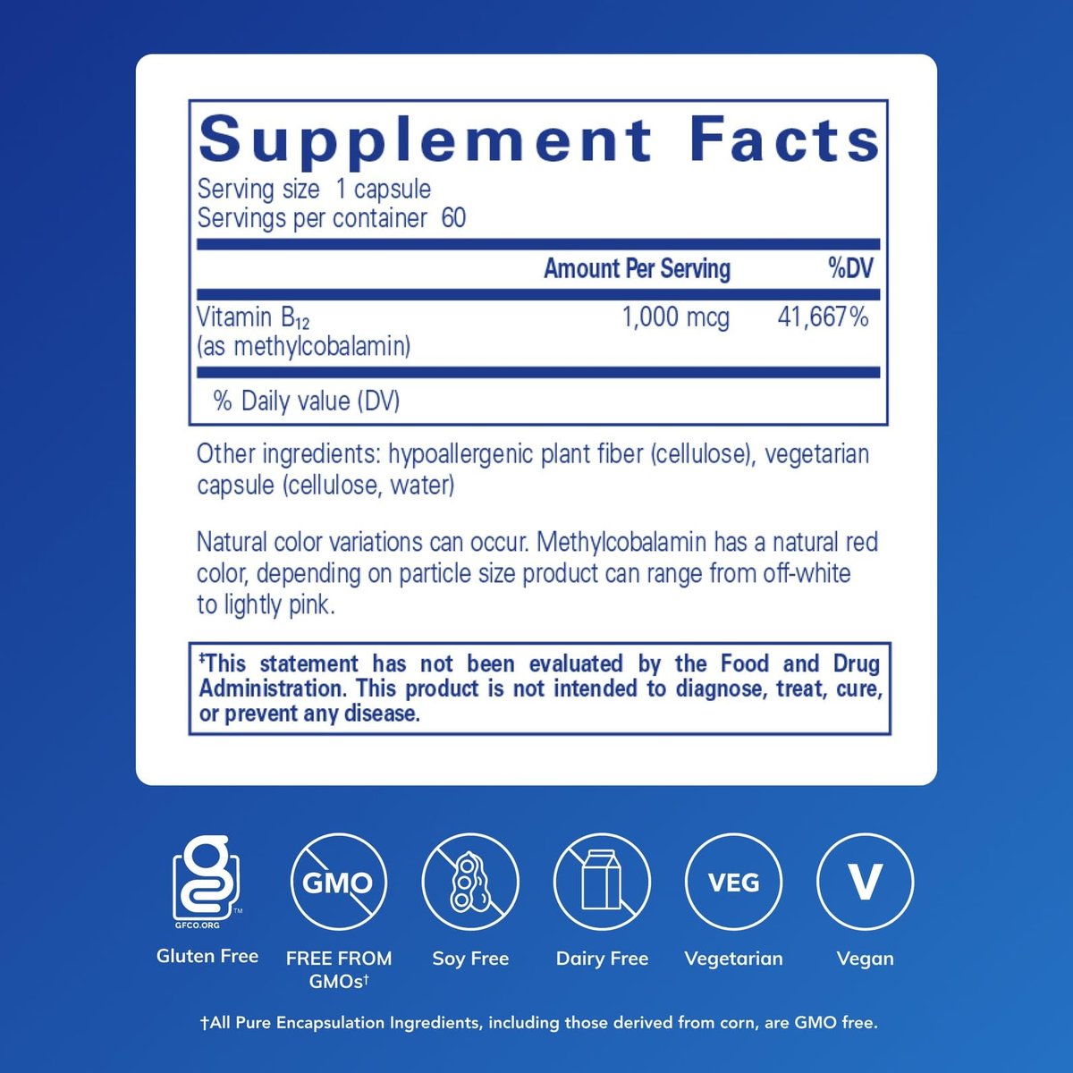 Pure Encapsulations Methylcobalamin 1.000 mcg – Vitamin B12 Kapseln zur Unterstützung von Gedächtnis und Nervengesundheit – 60 Kapseln