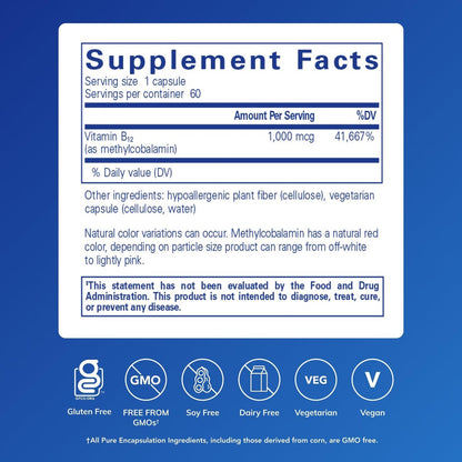 Pure Encapsulations Methylcobalamin 1.000 mcg – Vitamin B12 Kapseln zur Unterstützung von Gedächtnis und Nervengesundheit – 60 Kapseln
