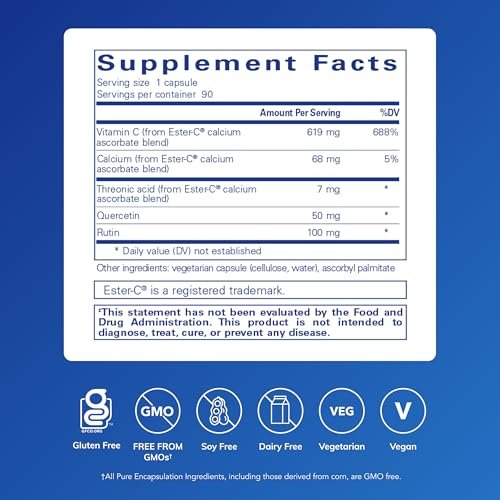 Pure Encapsulations Ester-C & Flavonoide – Vitamin-C-Präparat für Antioxidantien, Immun- & Gefäßunterstützung* mit Calcium & Rutin – Magenschonend – Vegan & Nicht-GVO – 90 Kapseln