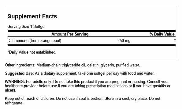 Swanson D-Limonen – Orangen-Extrakt zur Förderung der Zellgesundheit – Hochwirksame Formel zur Unterstützung der körpereigenen Abwehrkräfte – 60 Kapseln à 250 mg (1 Packung)