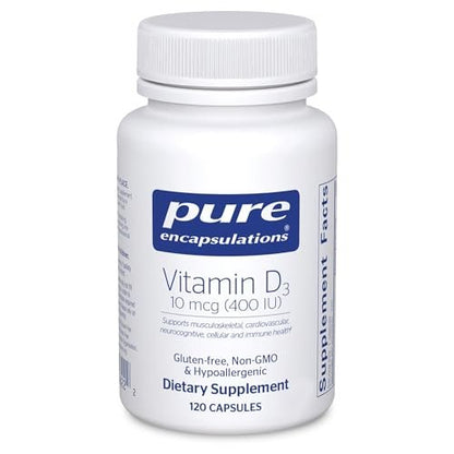 Pure Encapsulations Vitamin D3 10 mcg (400 IE) | Hypoallergene Unterstützung für Knochen-, Brust-, Herz-Kreislauf-, Darm- und Immungesundheit | 120 Kapseln