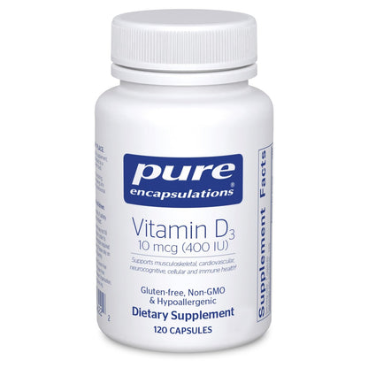 Pure Encapsulations Vitamin D3 10 mcg (400 IE) | Hypoallergene Unterstützung für Knochen-, Brust-, Herz-Kreislauf-, Darm- und Immungesundheit | 120 Kapseln