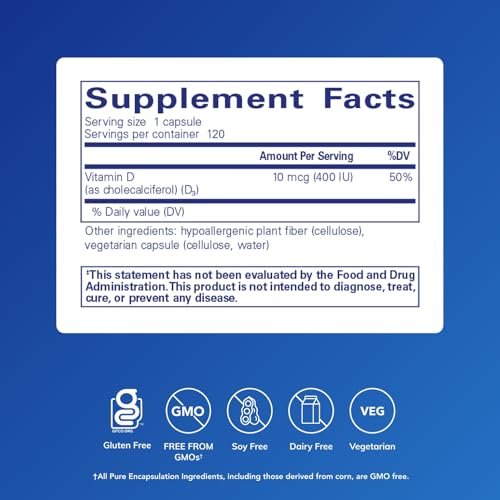 Pure Encapsulations Vitamin D3 10 mcg (400 IE) | Hypoallergene Unterstützung für Knochen-, Brust-, Herz-Kreislauf-, Darm- und Immungesundheit | 120 Kapseln