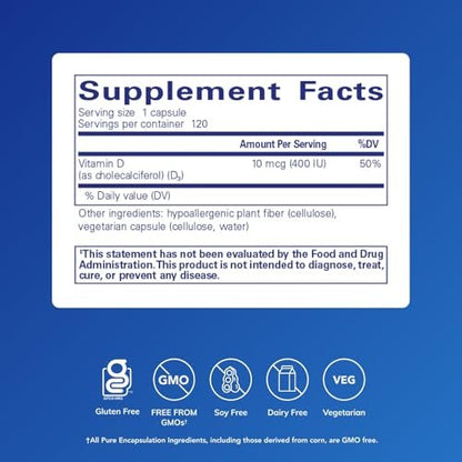 Pure Encapsulations Vitamin D3 10 mcg (400 IE) | Hypoallergene Unterstützung für Knochen-, Brust-, Herz-Kreislauf-, Darm- und Immungesundheit | 120 Kapseln