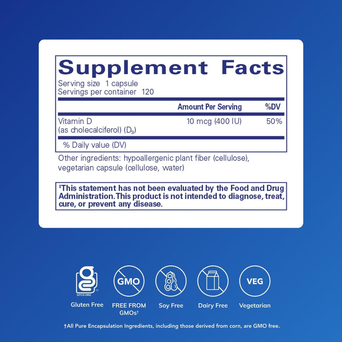 Pure Encapsulations Vitamin D3 10 mcg (400 IE) | Hypoallergene Unterstützung für Knochen-, Brust-, Herz-Kreislauf-, Darm- und Immungesundheit | 120 Kapseln