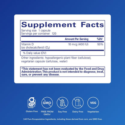 Pure Encapsulations Vitamin D3 10 mcg (400 IE) | Hypoallergene Unterstützung für Knochen-, Brust-, Herz-Kreislauf-, Darm- und Immungesundheit | 120 Kapseln