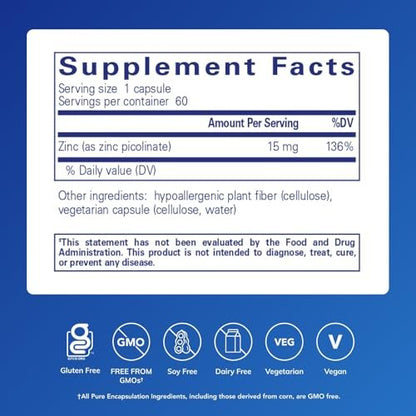 Pure Encapsulations Zink 15 mg – Zinkpicolinat für Immunsystem, Wachstum & Wundheilung – 60 Kapseln