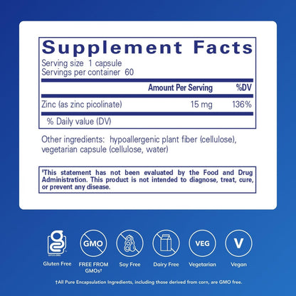 Pure Encapsulations Zink 15 mg – Zinkpicolinat für Immunsystem, Wachstum & Wundheilung – 60 Kapseln